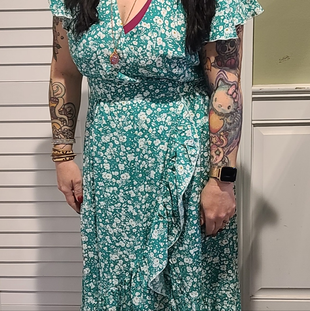 Green floral wrap dress